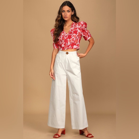 Lulu’s Vacay Dreams Blush Pink Floral Print Button Up Crop Top- Small - Picture 2 of 7